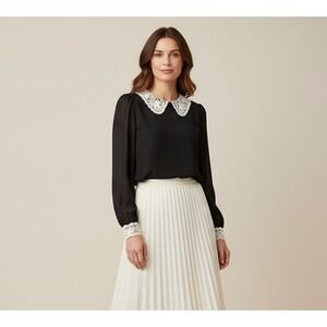 MISO Black Blouse Sheer Long Sleeve Lace Collar Button Back Size 8‎